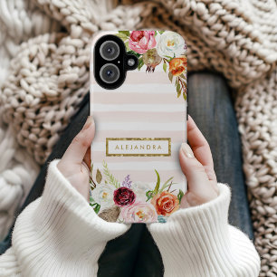 Coques iPhone 16 Boho Blooms Blush Rayure Monogramme