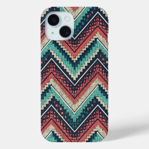Coque Pour iPhone 15 Boho Chevron Motif Zigzag turquoise, corail et c