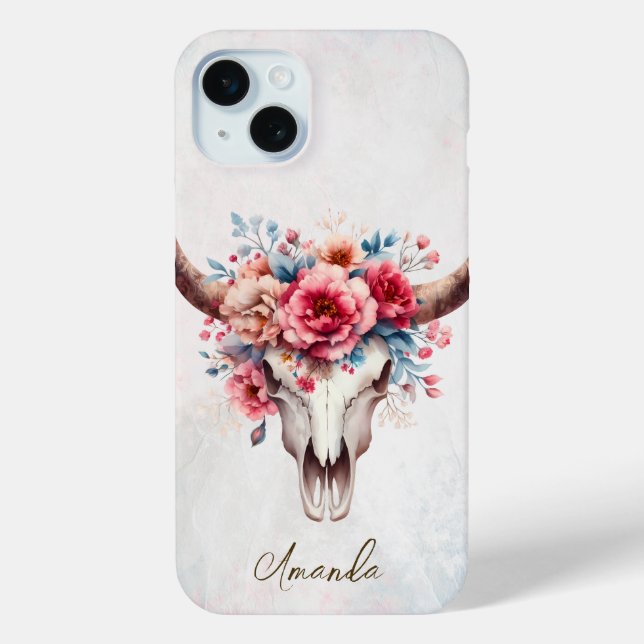 Coques Case-Mate iPhone Boho Chic Aquarelle Florale Vache Crâne (Verso)