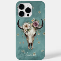 Boho Chic Aquarelle Turquoise Vache Florale Crâne