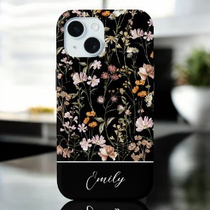 Coque Pour iPhone 15 Boho Chic Fleur sauvage Black Floral Élégant