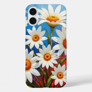 Coques iPhone 16 Plus Boho fleur sauvage margueux blanc et bleu