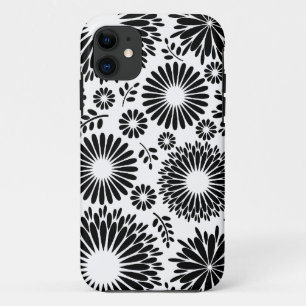 Coque iPhone 11 Boho fleurs Motif floral vectoriel noir et blanc