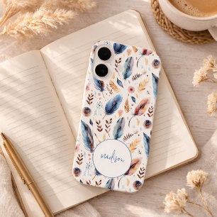 Coques iPhone 16 Boho Floral Personnalisé à l'Aquarelle avec Plume