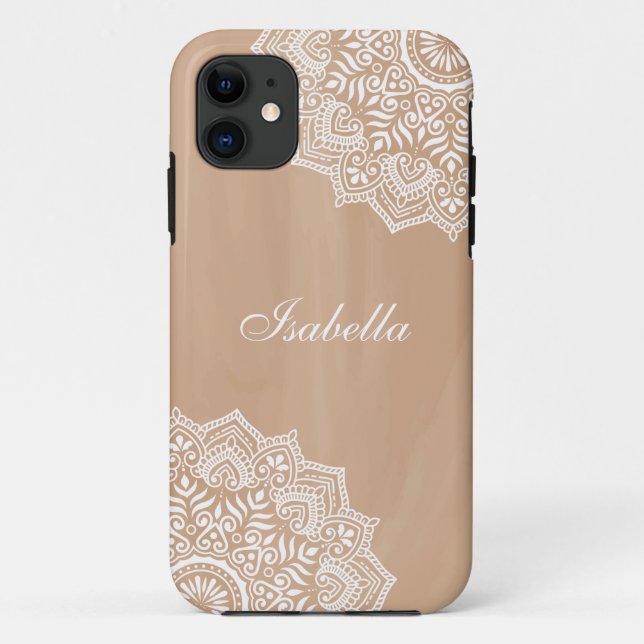 Coques Case-Mate iPhone Boho Neutral Mandala Nom personnalisé (Dos)