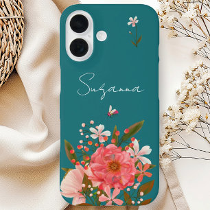 Coques iPhone 16 Boho Pink Floral Script Personnaliser le nom