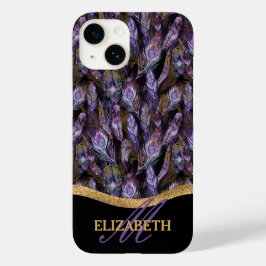 Coque Pour iPhone 14 Boho Purple Peacock Plumes Motif Monogramme