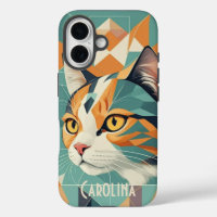 Boho retro abstrait portrait de chat orange vert