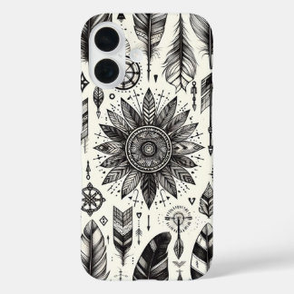 Coques iPhone 16 Boho Spirit - Plumes et flèches dessinées à la mai