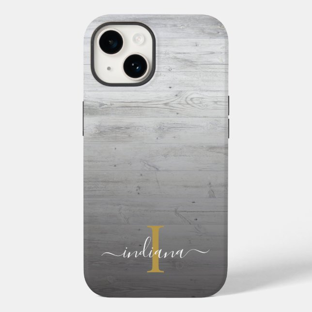 Coques Case-Mate iPhone Bois Gris Imprimé Rustique Nom Script Monogramme (Verso)