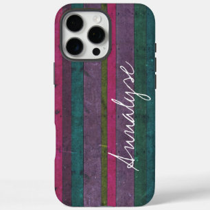 Coques iPhone 16 Pro Max Bois rustique coloré look rose Turquoise pourpre t