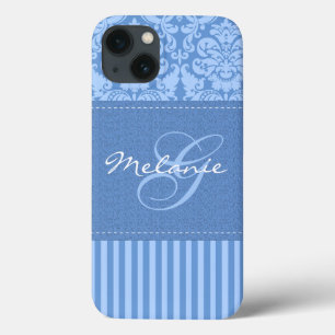 Coques Pour iPhone Boîtier d'air Monogram Blue Damask Stripe