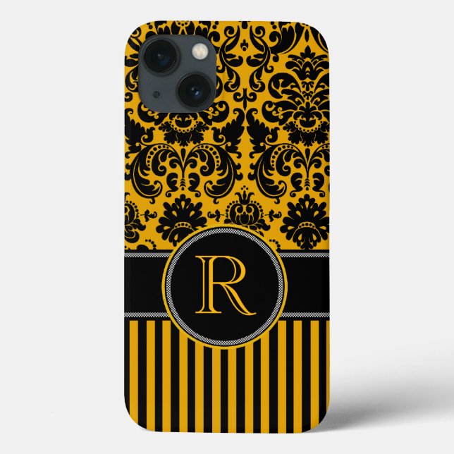 Coques Case-Mate iPhone Boîtier d'air monogramme noir, jaune Damas bande i (Verso)