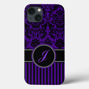 Etui iPhone 13 Boîtier d'air monogramme noir, pourpre Damask Stri