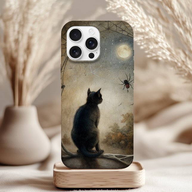 Coques Case-Mate iPhone Boîtier de téléphone de chat Lune - Mystical Famil (Moonlit Cat Phone Case – Mystical Familiar Design on a table with neutral boho decor.)