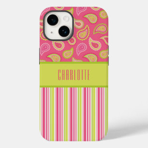 Coque Pour iPhone 14 Boîtier de téléphone Paisley Stripes rose et vert
