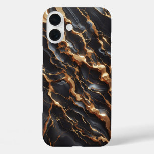 Coques iPhone 16 Plus Boîtier en marbre noir de luxe - Or élégant et bla