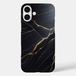 Coques iPhone 16 Plus Boîtier en marbre noir de luxe - Veines dorées élé