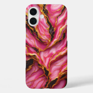 Coques iPhone 16 Plus Boîtier en marbre rose luxueux - Veines dorées élé
