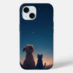 Coque Pour iPhone 15 Boîtier iPhone 15 Chien et Chaton sous les Étoiles
