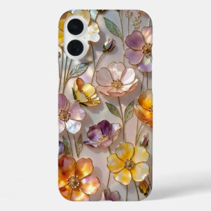 Coques iPhone 16 Plus Boîtier iPhone Fleurs en Verre Coloré Jaune Rose O