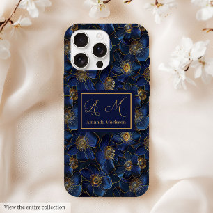 Coque iPhone 15 Pro Max Boîtier iPhone Gold Royal Blue Monogramme Floral L