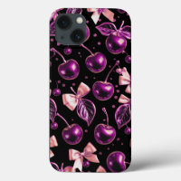 Boîtier iPhone noir motif cerise glossy violet Y2K