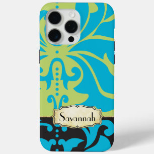 Coque iPhone 15 Pro Max Boîtier Lime Aqua Gold Damask iPhone 4 personnalis