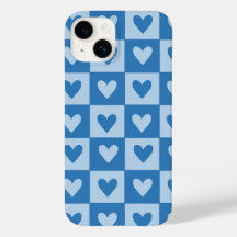 Boîtier téléphonique À damiers Coeur bleu et blanc