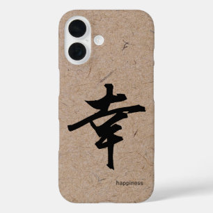 Coques iPhone 16 Bonheur dans les Kanji japonais sur papier Brown W