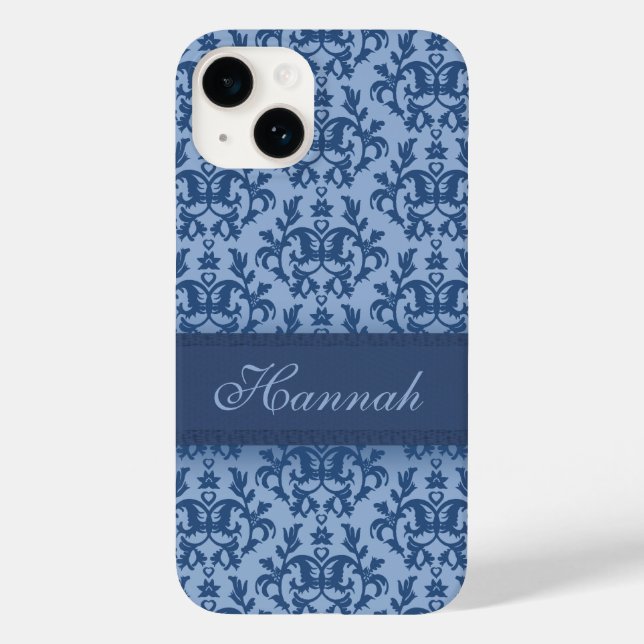 Coques Case-Mate iPhone Botanique damas poudre bleu nom personnalisé (Verso)