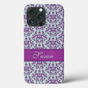 Etui iPhone 13 Pro Botanique damassé violet émeraude pâle