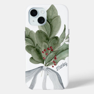 Coque Pour iPhone 15 Botanique Vert Argent Ruban Personnalisé
