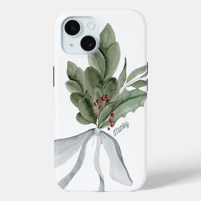 Coques Case-Mate iPhone Botanique Vert Argent Ruban Personnalisé (Verso)
