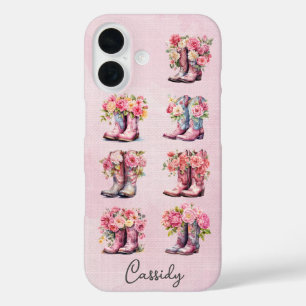 Coques iPhone 16 Bottes de cowgirl roses avec fleurs monogrammées