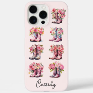 Coques iPhone 16 Pro Max Bottes de cowgirl roses avec fleurs monogrammées