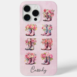 Coque iPhone 15 Pro Max Bottes de cowgirl roses avec fleurs monogrammées