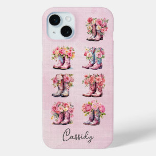Coque iPhone 15 Mini Bottes de cowgirl roses avec fleurs monogrammées