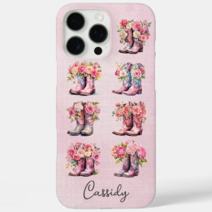 Coques iPhone 16 Pro Max Bottes de cowgirl roses avec fleurs monogrammées
