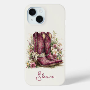 Coque Pour iPhone 15 Bottes Élégantes avec Monogramme de Fleurs