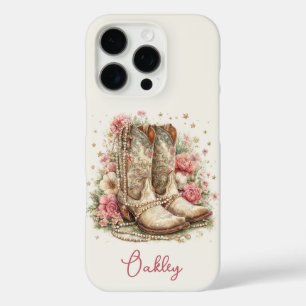 Coques iPhone 16 Pro Bottes Élegantes de Cowgirl avec Fleurs Monogrammé