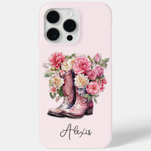 Coque iPhone 15 Pro Max Bottes roses avec monogramme de fleurs
