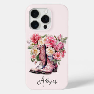 Coque iPhone 15 Pro Bottes roses avec monogramme de fleurs