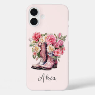Coques iPhone 16 Plus Bottes roses avec monogramme de fleurs