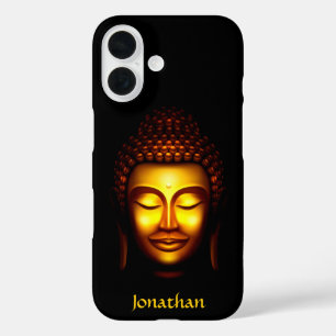 Coques iPhone 16 Bouddha souriant personnalisé or et noir