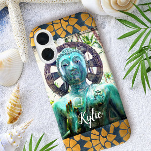 Coques iPhone 16 Bouddha Turquoise Or Mosaïque Bleue Carreaux Nom p