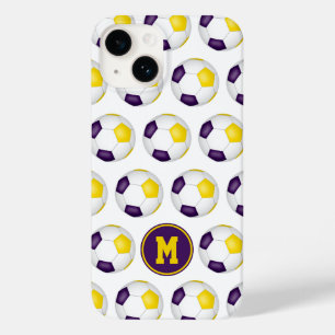 Coque Pour iPhone 14 boules de football en or violet motif monogrammé