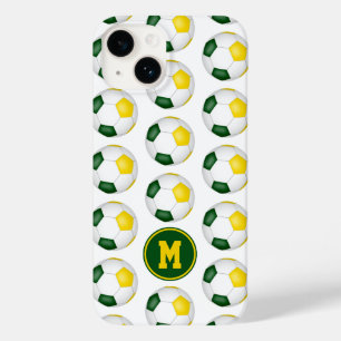 Coque Pour iPhone 14 boules de soccer en or vert motif monogrammé