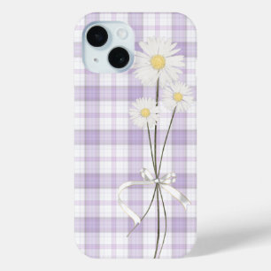 Coque Pour iPhone 15 Bouquet blanc sur Plaid violet