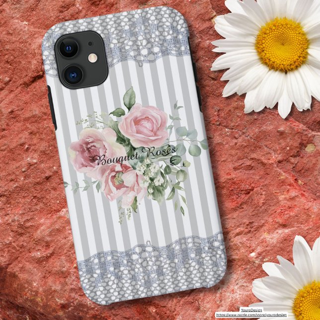 Coques Case-Mate iPhone Bouquet roses Elégant bleu poussiéreux rayures den (Créateur téléchargé)